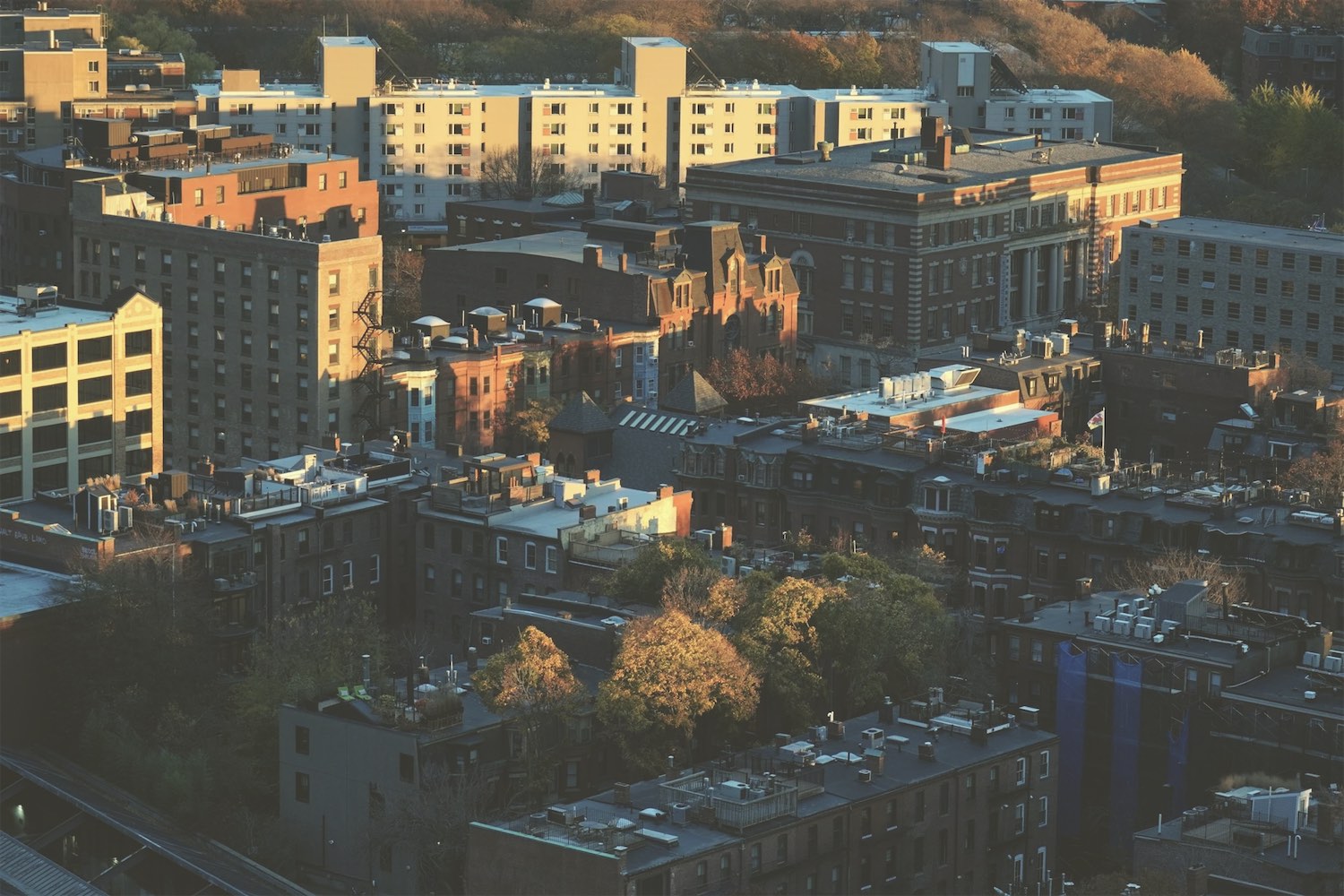 Boston brownstones and rooftops in warm late-afternoon light