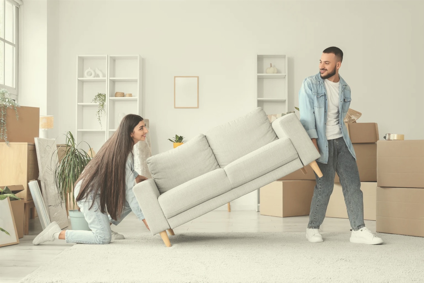 Two people carrying a sofa into a bright room on moving day