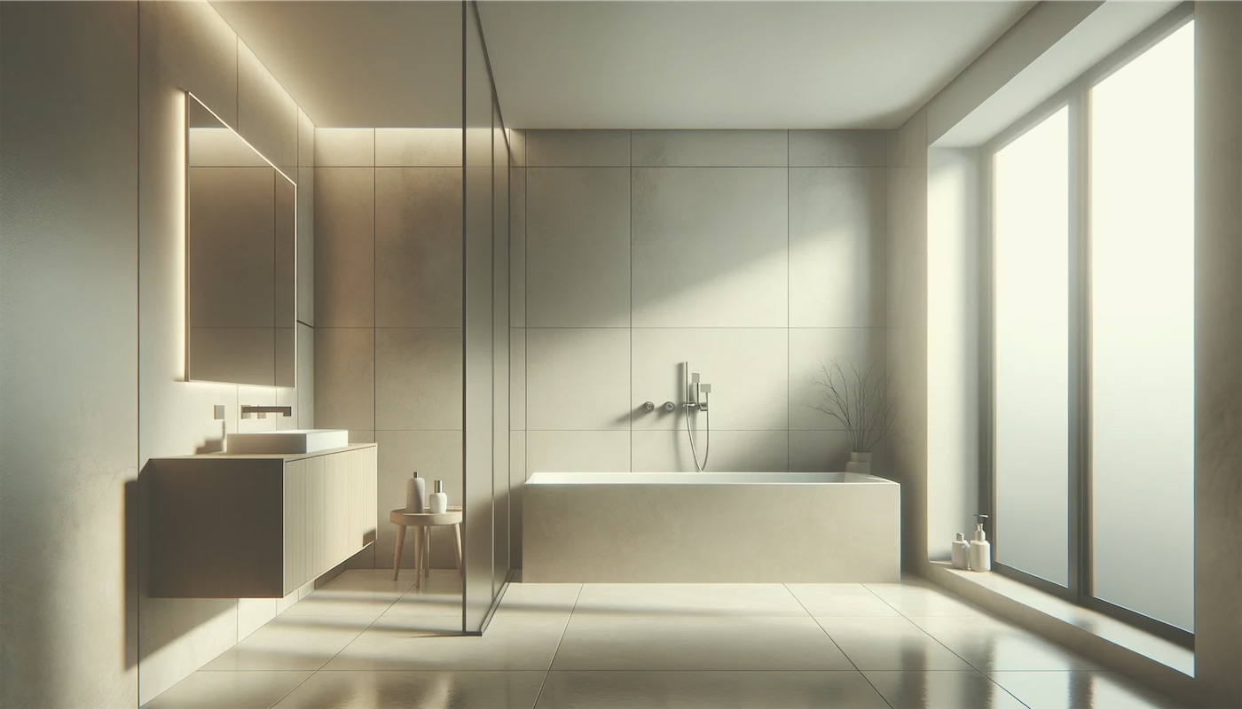 A contemporary bathroom with a freestanding tub and natural light